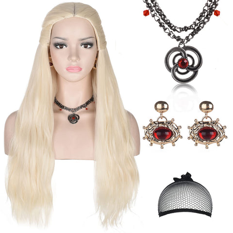 Young Princes Costume Wig for Women with Necklace and Earrings Long Blonde Braided Middle Part Synthetic Wig for Cosplay Halloween Party (Blonde Style 2)