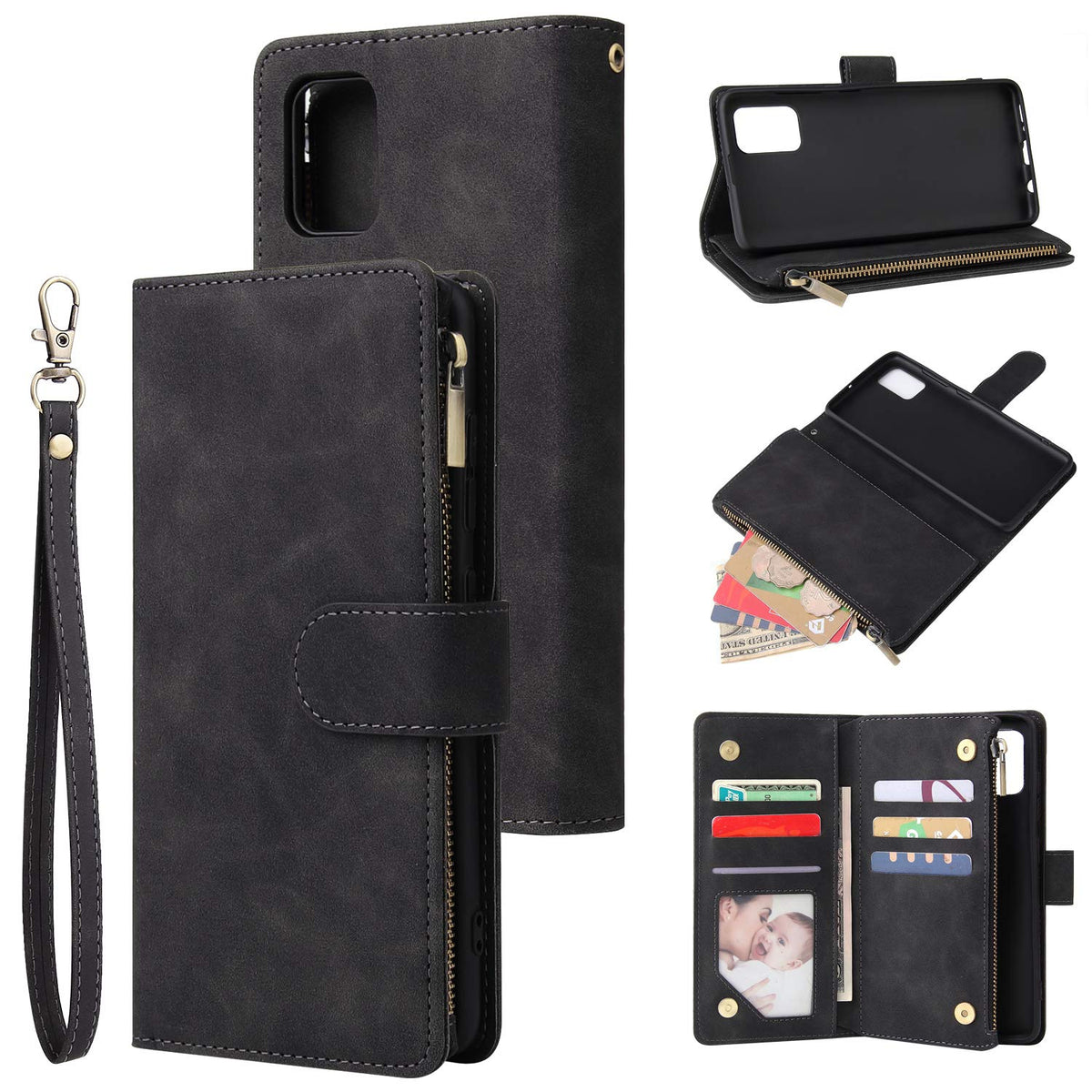 QLTYPRI Case for Samsung Galaxy A52 4G/5G/A52S 5G, Large Capacity Leather Wallet Case 6 Card Holder & 1 Zipper Pocket Kickstand Wrist Strap Magnetic Protective Cover for Galaxy A52/A52S 5G - Black