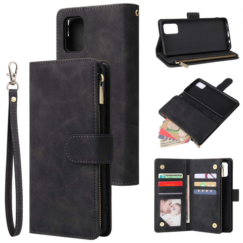 QLTYPRI Case for Samsung Galaxy A52 4G/5G/A52S 5G, Large Capacity Leather Wallet Case 6 Card Holder & 1 Zipper Pocket Kickstand Wrist Strap Magnetic Protective Cover for Galaxy A52/A52S 5G - Black