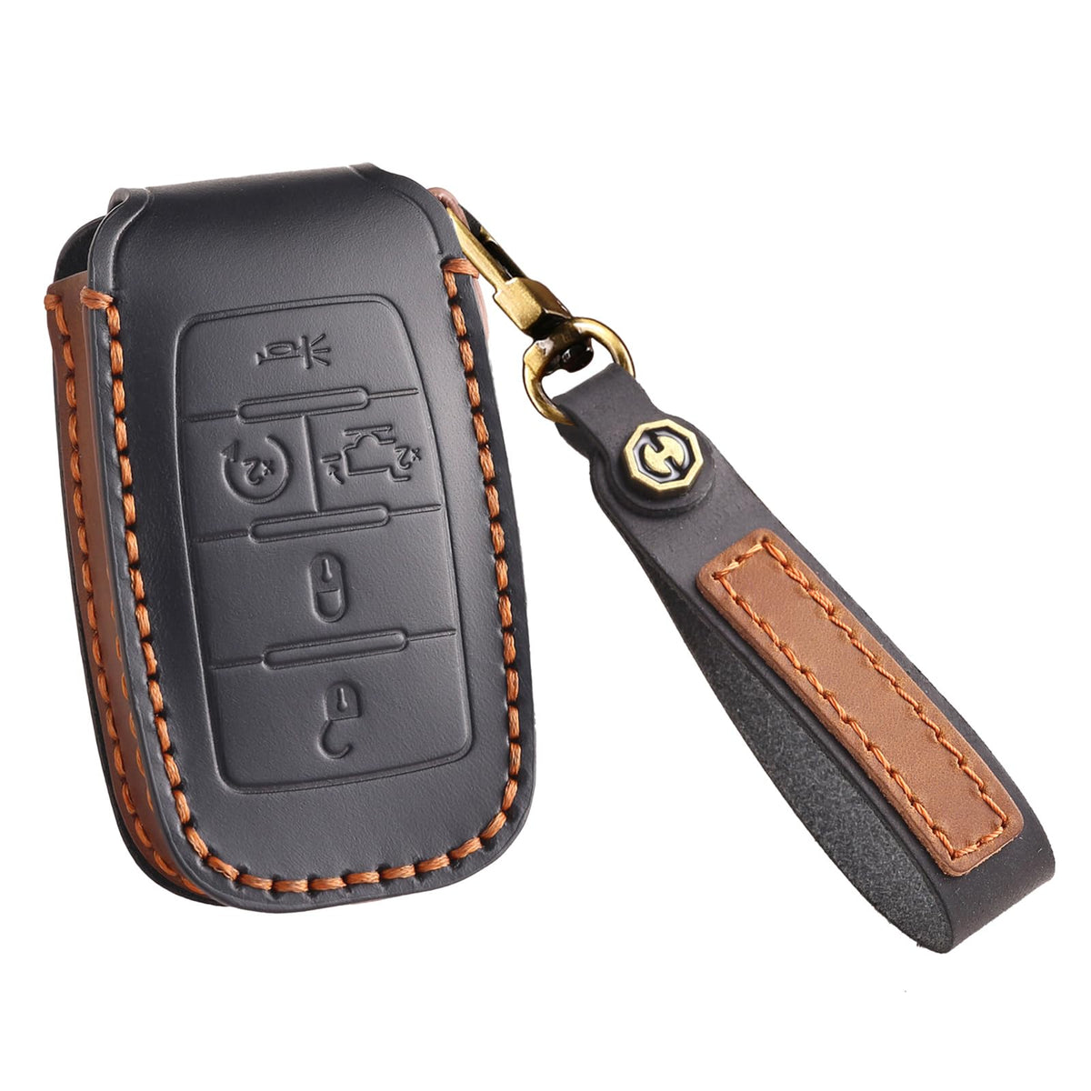 KUNIO Leather Key Case Fits Dodge RAM 1500/2500/TRX 2021/2020, Jeep Grand Cherokee, Chrysler Couve Dodge, 5 Buttons, Black