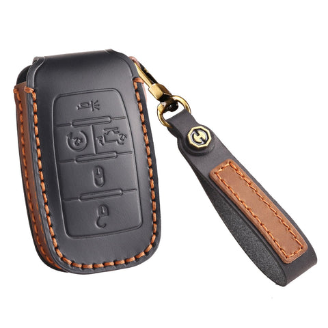 KUNIO Leather Key Case Fits Dodge RAM 1500/2500/TRX 2021/2020, Jeep Grand Cherokee, Chrysler Couve Dodge, 5 Buttons, Black