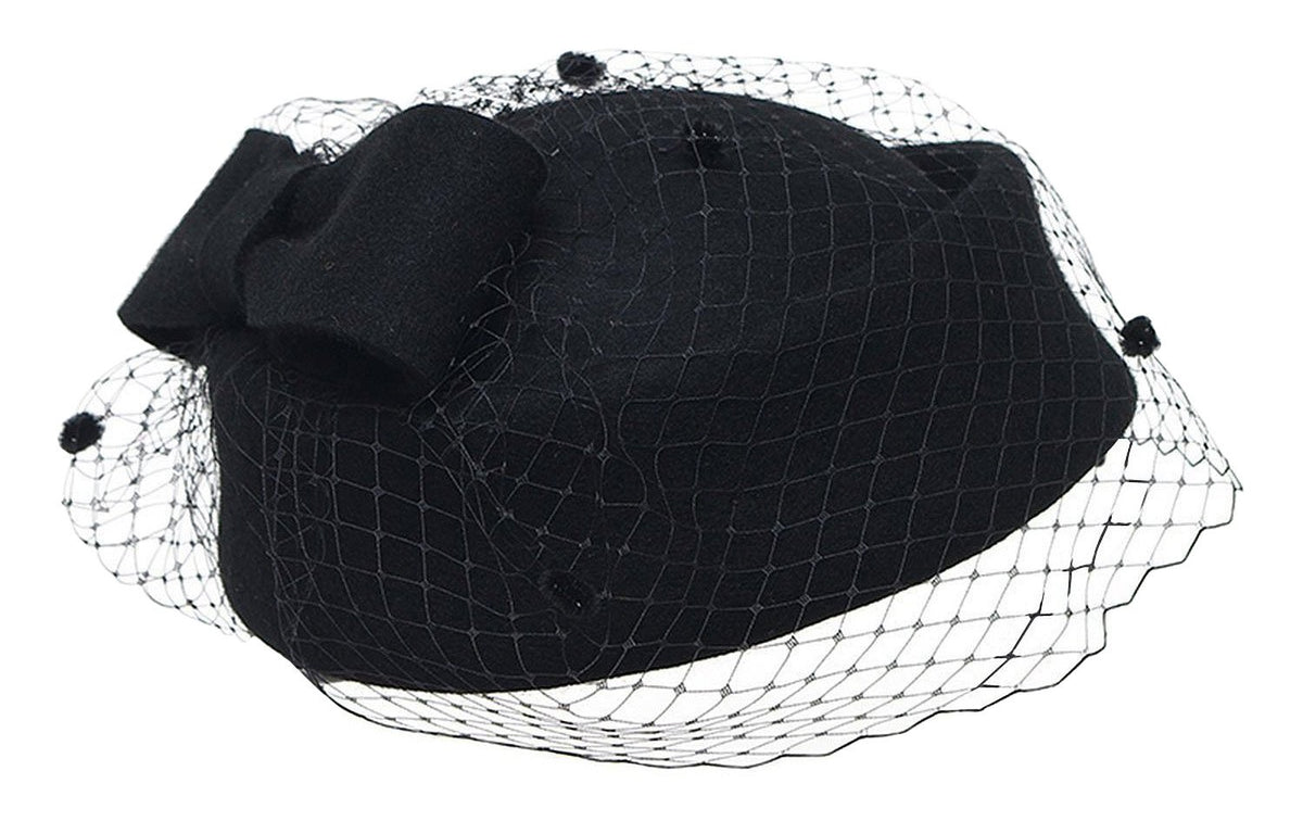 Pillbox Hat Fascinator Beret Wedding Party Top Hat Church Wool Hat for Women, Black, One Size