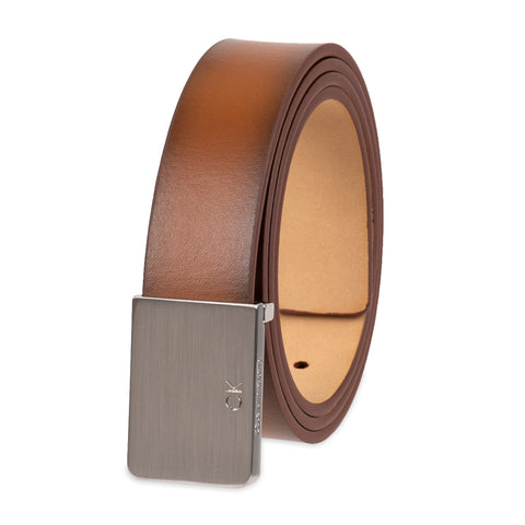 Calvin Klein Men's Logo Buckle Belt, Cognac Plaque, Small (30-32)