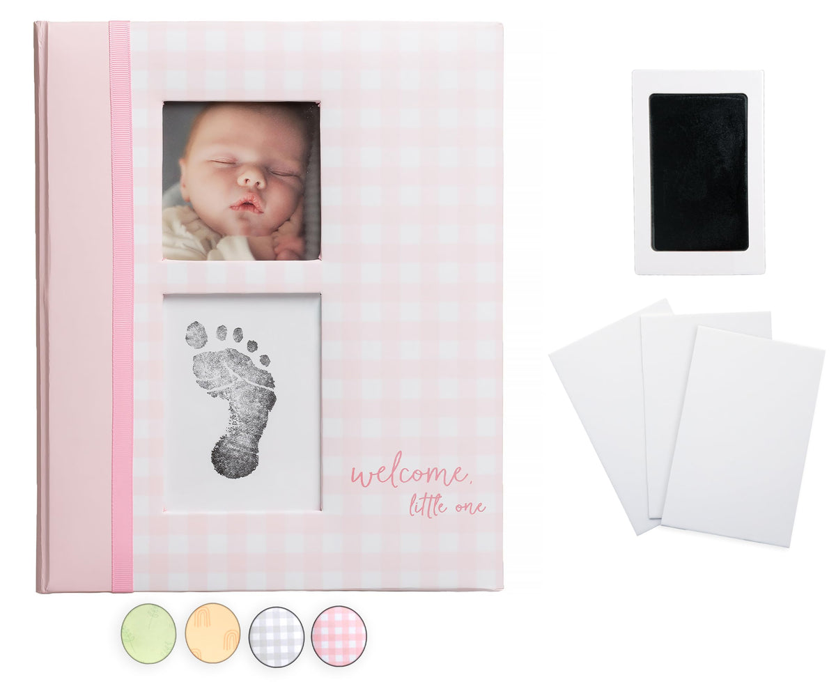 Pearhead Gingham Baby Memory Book and Clean-Touch Ink Pad, Baby Girl Accessory, Baby Milestones Photo Album, Pink 9x10.75x0.6 Inch (Pack of 1)