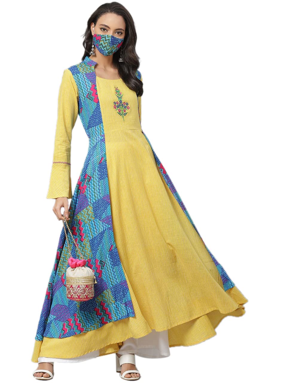 Yash Gallery Women's Rayon Geometric Print Anarkali Kurta, Mustard, S