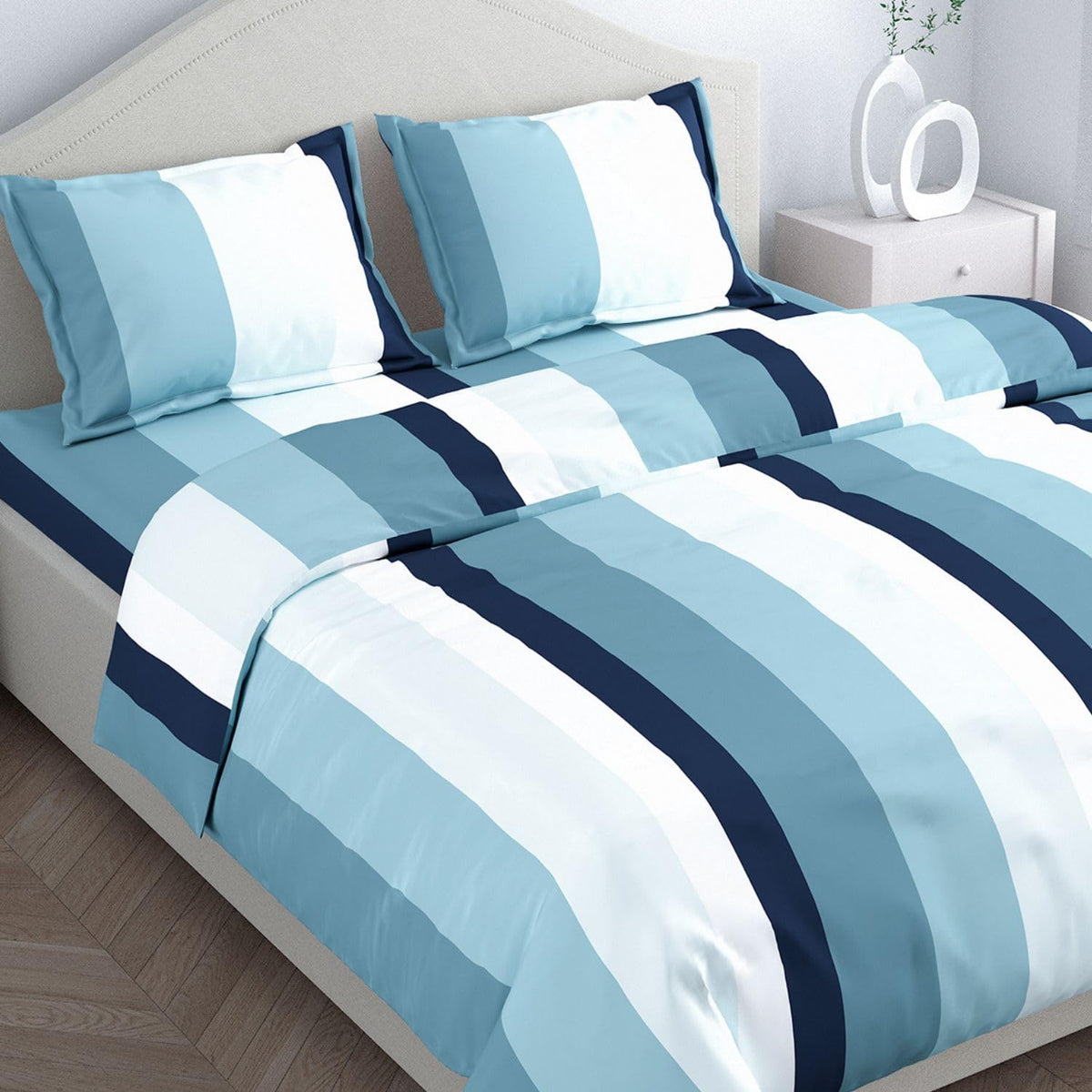 haus & kinder 100% Cotton Queen Size Bedsheet for Double Bed, 1 Cotton Bed Sheet Double Bed (90 X 100 Inches) with 2 Pillow Covers | 186 TC Bed Sheet Double Bed Cotton | Coastal Stripes Navy