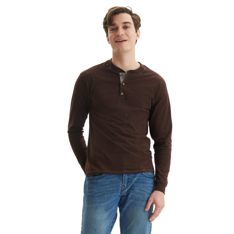 Hanes Men's T-Shirts, Men's BeefyT Henley Shirts, Men's Cotton Long Sleeve Shirts, Dark Truffle, S