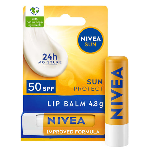 NIVEA SUN Protect Caring Lip Balm SPF50 (5.5ml), Factor 50 Lip Balm with Shea Butter, Protection Against UVA/UVB Rays with 24H Moisture, Lip Care, No White Cast