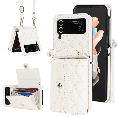 XIMAND for Samsung Galaxy Z Flip 4 Accordion Crossbody Wallet Case, 4 Card Slots, RFID Blocking, and Adjustable Strap - Stylish and Versatile Accessory for The Modern, Chic Woman (White)