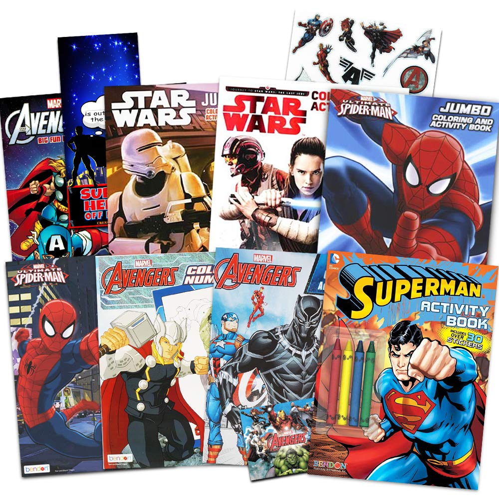 Disney Coloring Books for Kids Toddlers Bulk Set ~ Bundle includes 8 Star Wars and Avengers Books, Sticker Pack, and Superhero Door Hanger (Superhero Party Supplies)