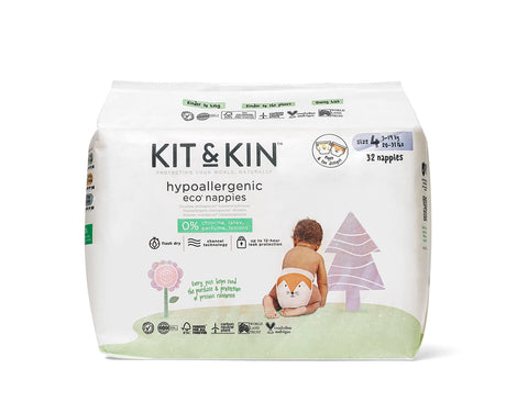 Kit & Kin Premium Eco-Friendly and Sustainable Baby Nappies | Hypoallergenic with Flash Dry High-Performance Layer | Vegan & Chlorine-Free | Superior Leak Protection | Size 4-128 Nappies