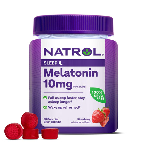 Natrol Melatonin 10mg, Dietary Supplement for Restful Sleep, Sleep Gummies for Adults, 90 Strawberry-Flavored Gummies, 45 Day Supply