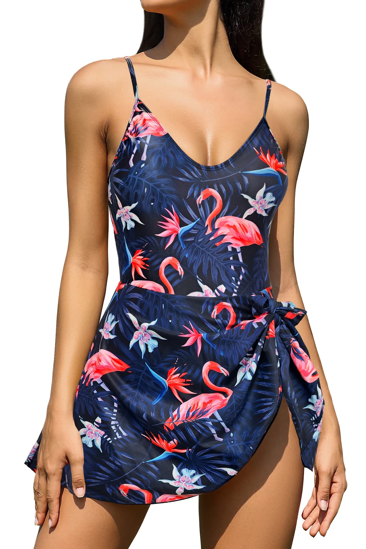 SHEKINI Women's Tummy Control One Piece Swimdress Drawstring Bathing Suits V Neck Swimwear?Deep Blue-Printing?Small?