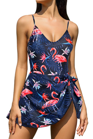 SHEKINI Women's Tummy Control One Piece Swimdress Drawstring Bathing Suits V Neck Swimwear?Deep Blue-Printing?Small?