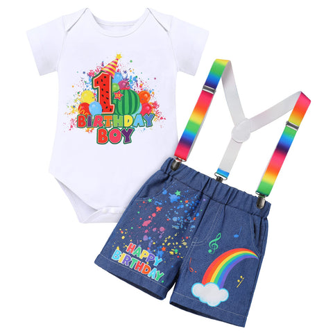 FYMNSI Watermelon 1st Birthday Outfit Baby Boy Cake Smash Romper Blue Denim Bloomers Jeans Shorts Suspenders Photoshoot Toddler Kids Summer Rainbow Melon First Birthday Glow Party Supplies One 1 Year