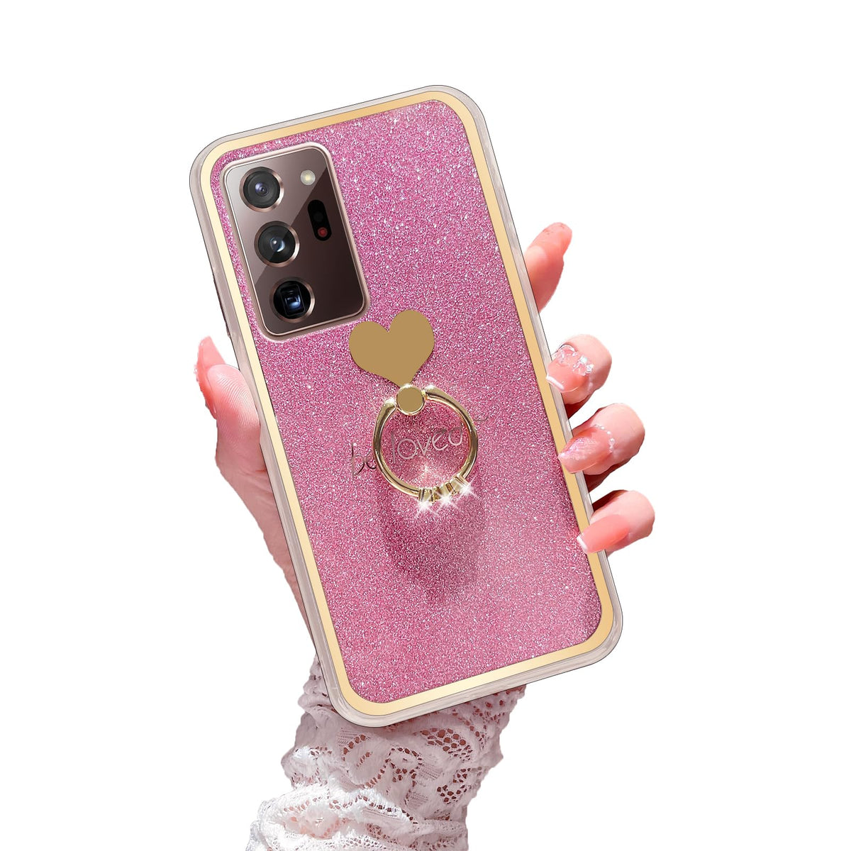 Easyscen for Galaxy Note 20 Ultra 5G Phone Case Cute Girls Women Luxury Slim Soft Shell with Glitter Heart Ring Stand Shockproof Protective Cover for Samsung Galaxy Note 20 Ultra 5G (6.9-inch) - Pink