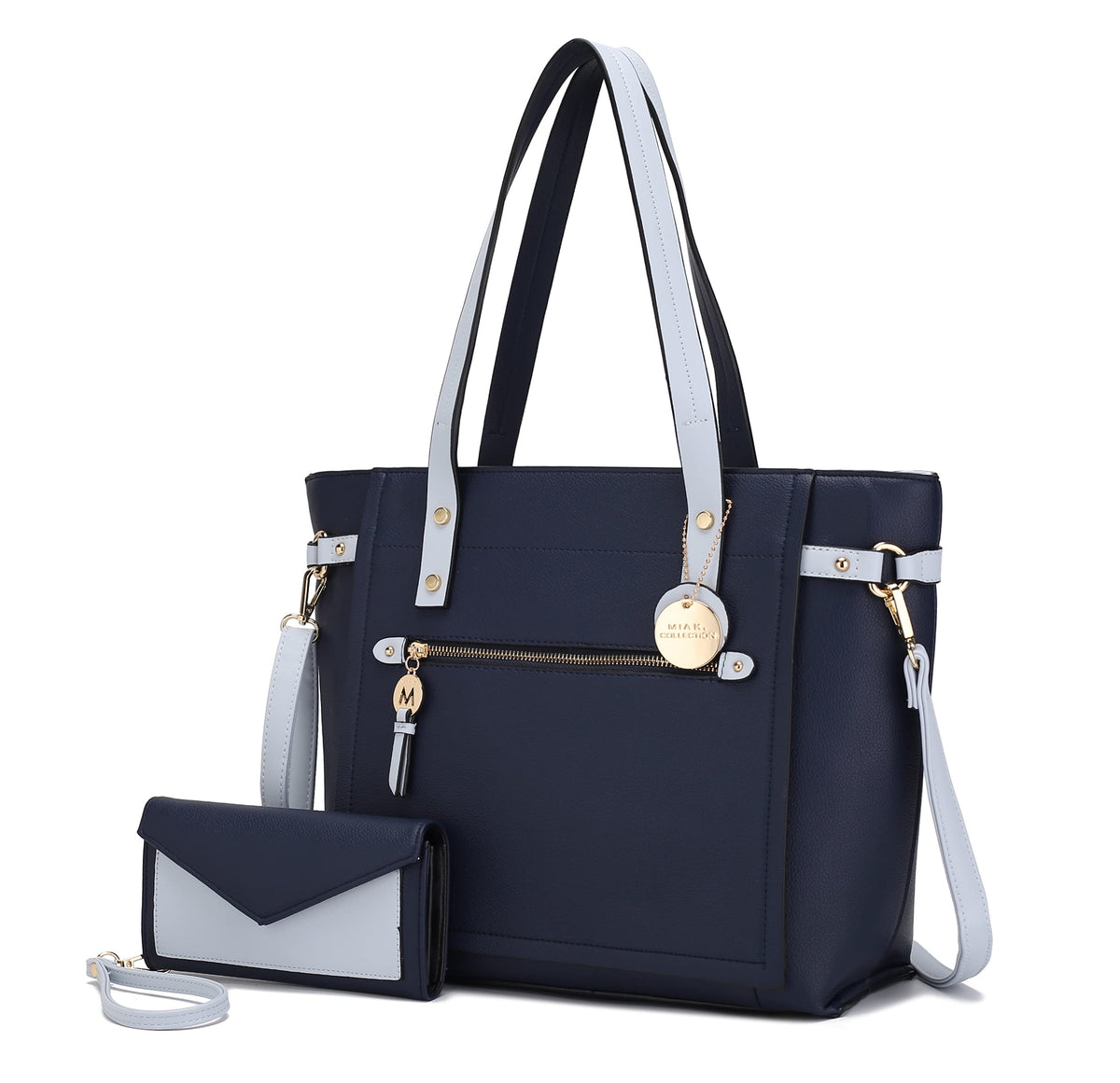 MKF Crossbody Tote Bag for Women & Wristlet Purse Set - PU Leather Top-Handle Satchel Shoulder Handbag, Andrys Navy Light Blue, L