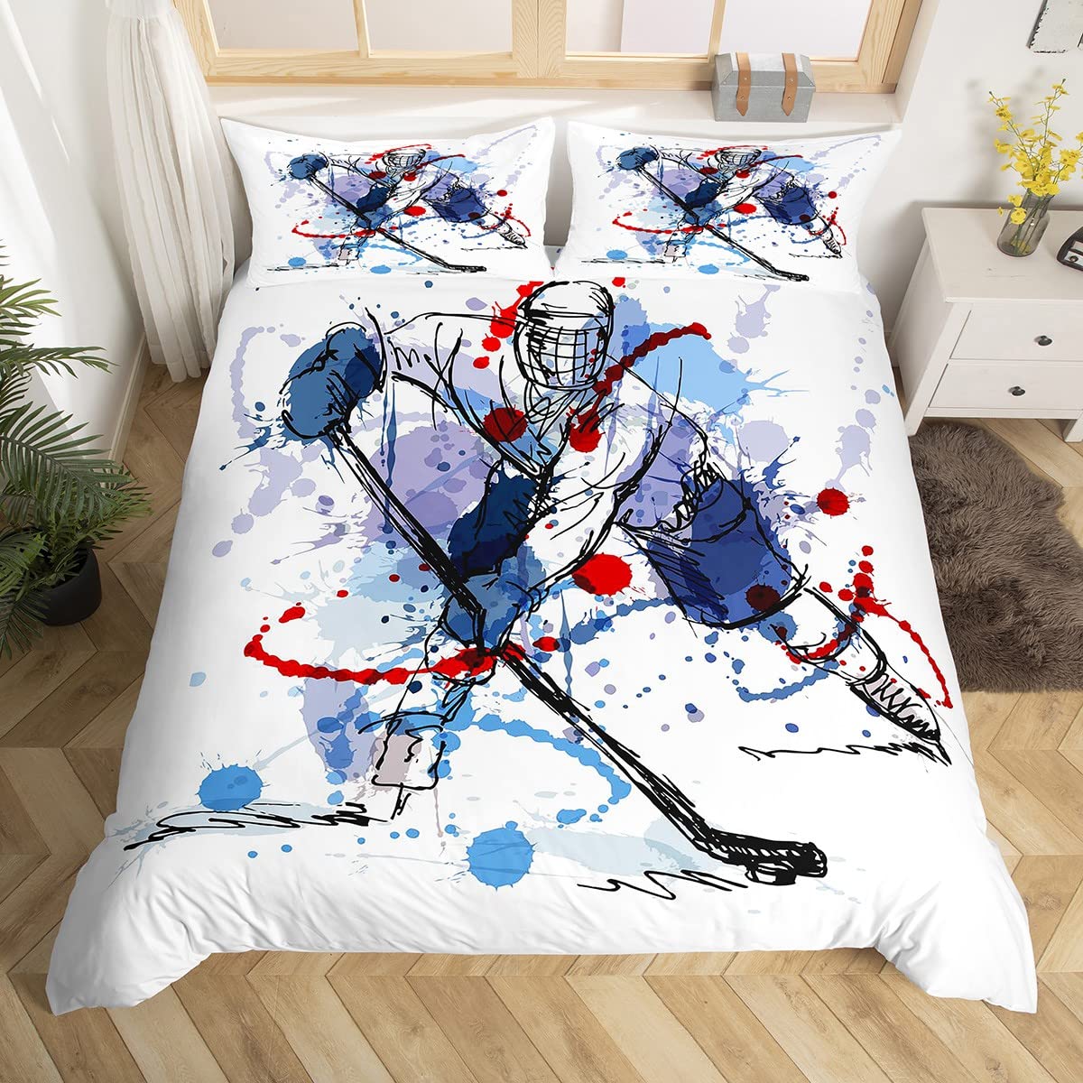 Graffiti Ice Hockey Duvet Cover Set Winter Sport Bedding Set for Kids Boys Girls Graffiti Pattern Comforter Cover Ice Hockey Duvet Cover Single Size