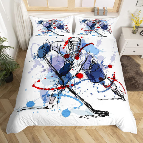 Graffiti Ice Hockey Duvet Cover Set Winter Sport Bedding Set for Kids Boys Girls Graffiti Pattern Comforter Cover Ice Hockey Duvet Cover Single Size