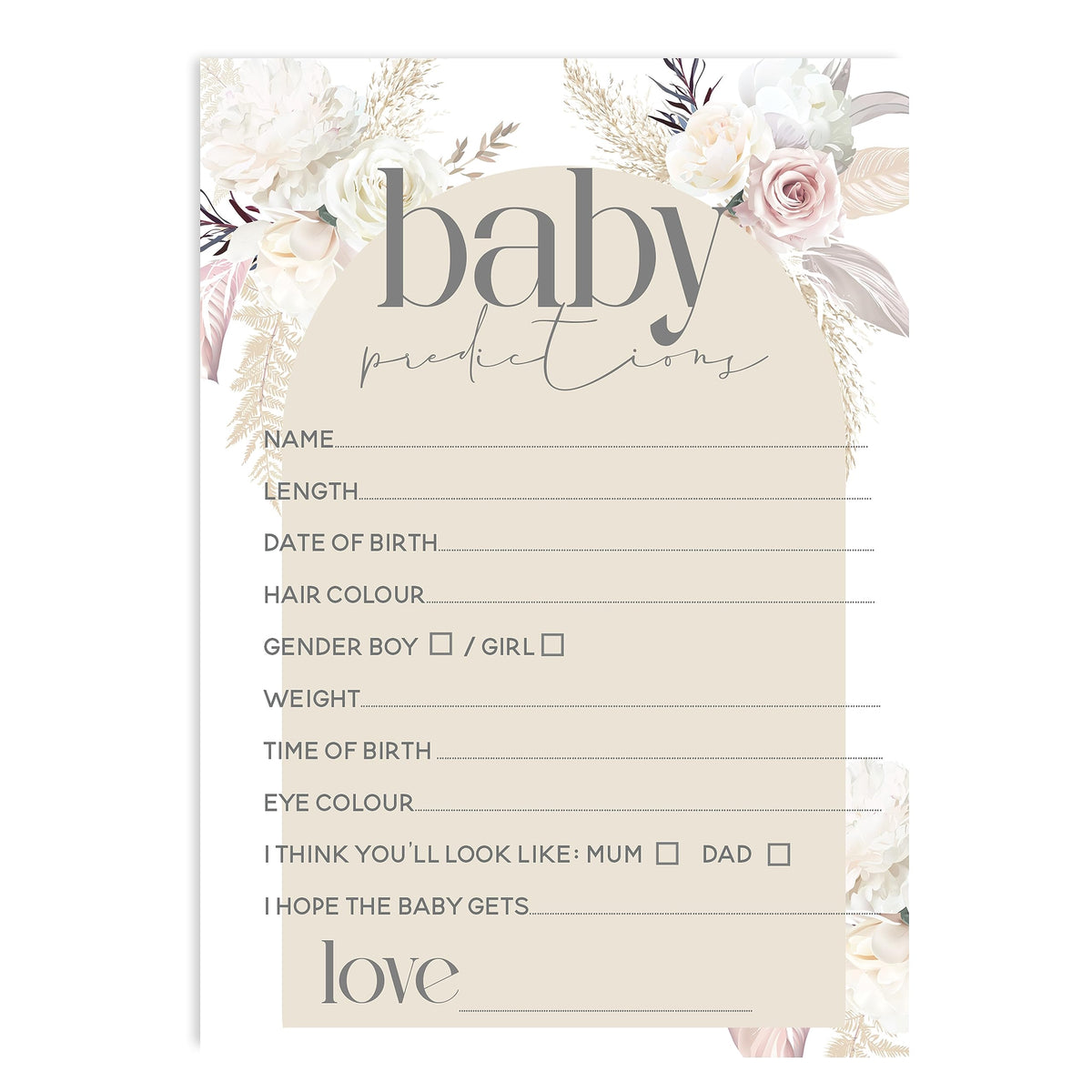 Baby Shower Games - Pack of 20 Baby Prediction Cards- Pampas Boho Floral Design (BSPamPR20)