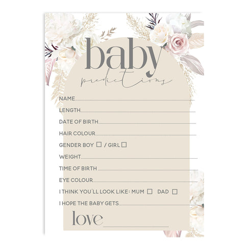 Baby Shower Games - Pack of 20 Baby Prediction Cards- Pampas Boho Floral Design (BSPamPR20)