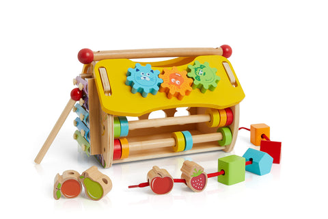 Beehive Toys & Gifts Wooden Activity Play House with Shape Sorter, Xylophone, Lacing Blocks and more for Toddlers