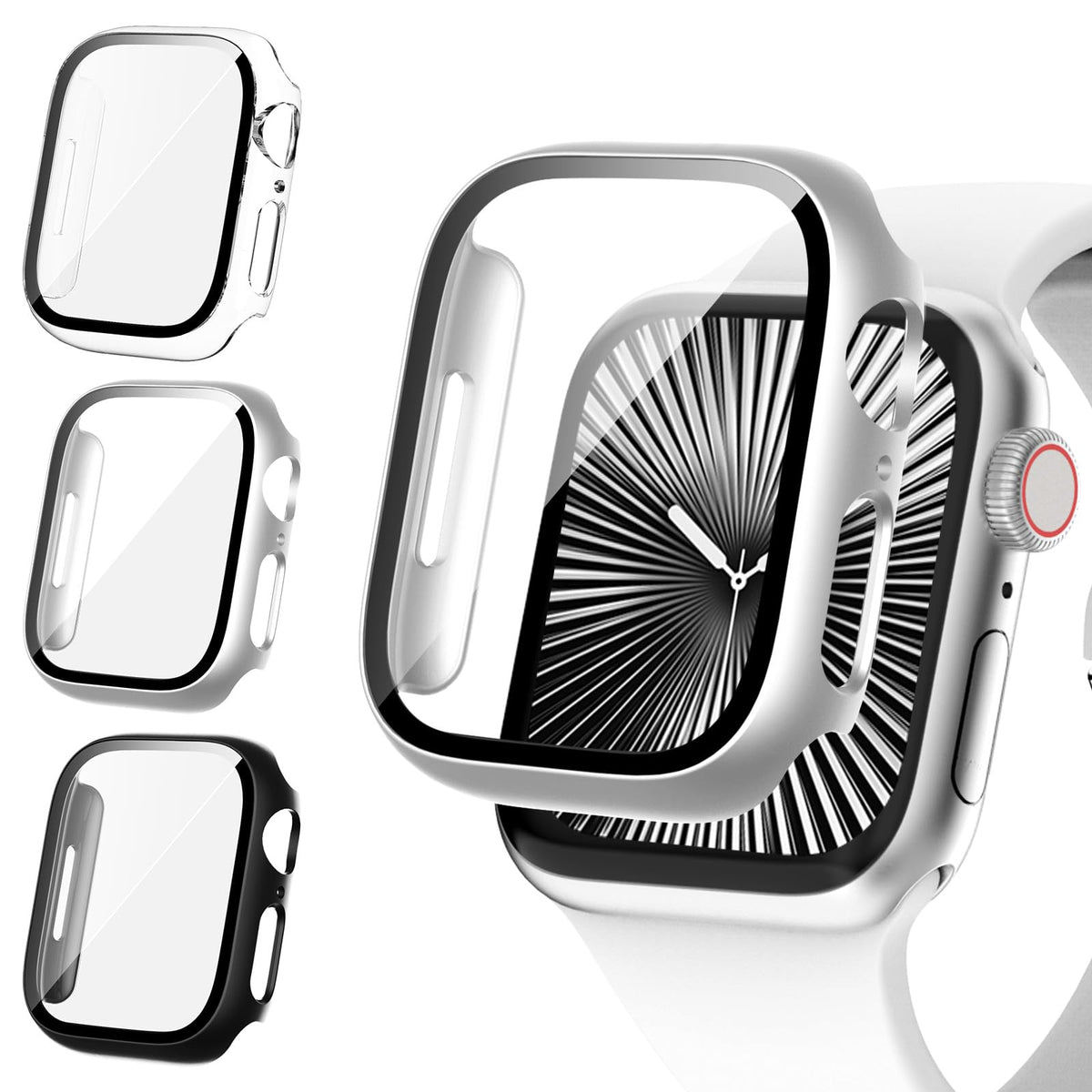 Fullife 3 Pack Screen Protector 46mm Compatible for Apple Watch Series 10 with 9H Tempered Glass,Overall Shockproof Cover Protective Case for iWatch 46mm(Black/Silver/Transparent)