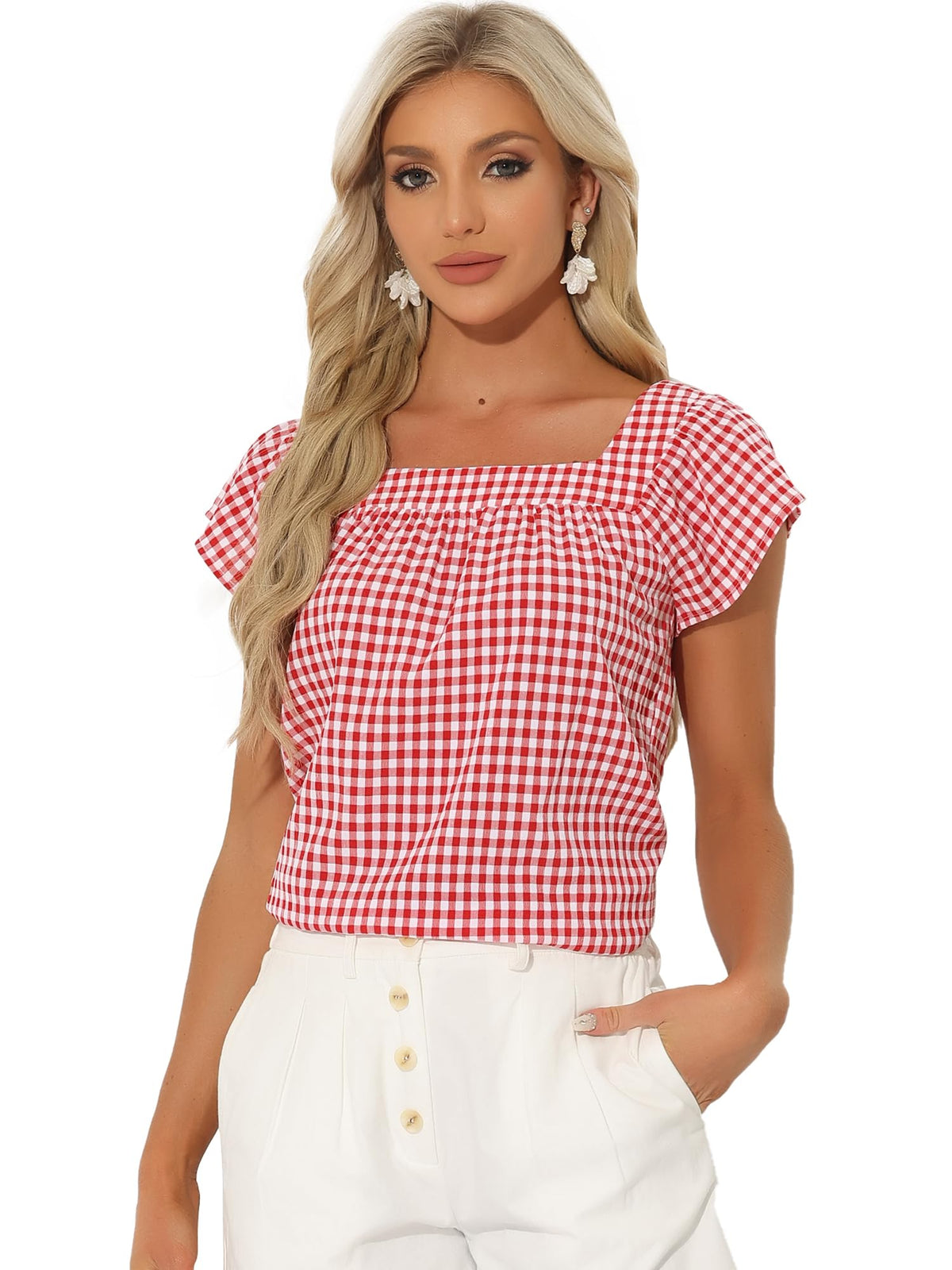 Allegra K Summer Square Neck Gingham Tops for Women's St. Patrick's Day Costumes Sleeveless Blouses Red M