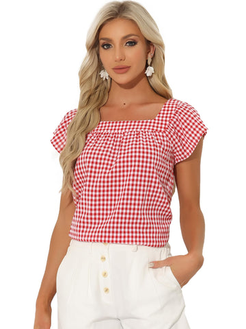 Allegra K Summer Square Neck Gingham Tops for Women's St. Patrick's Day Costumes Sleeveless Blouses Red M