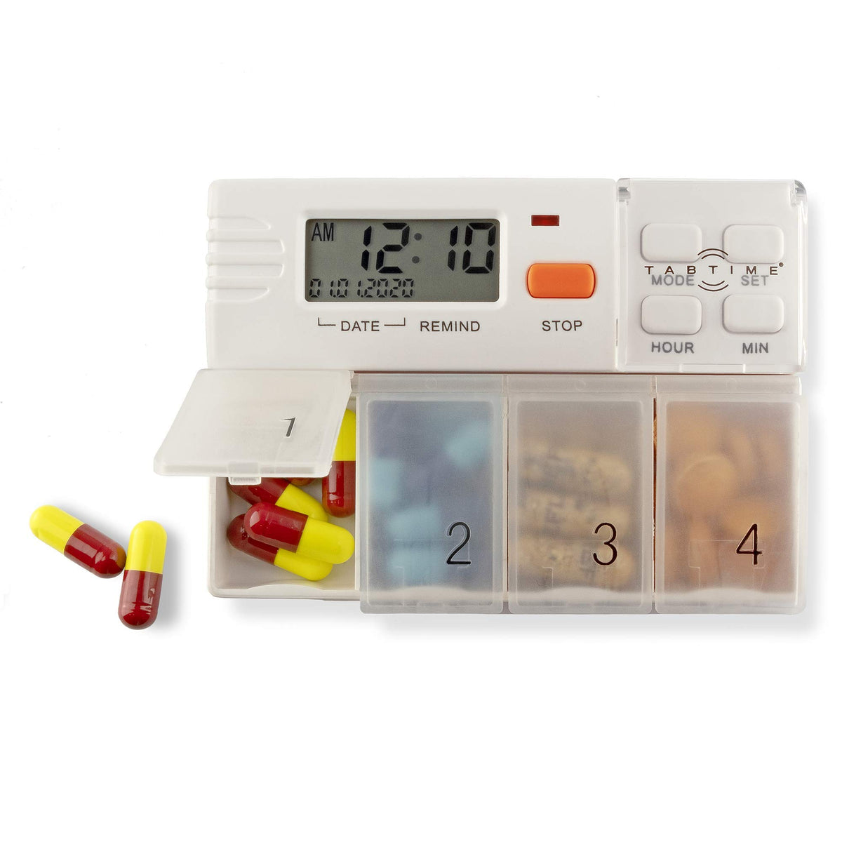TabTime Pill Dispenser with 4 Alarms, Extra Large Compartments, Automatic Reminder