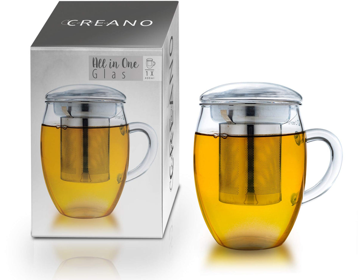 Creano Tea Glass with Stainless Steel Infuser and Lid 400ml - Large Tea Cup - Microwave & Dishwasher Safe - Loose Leaf Tea Maker Gift Set
