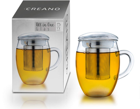 Creano Tea Glass with Stainless Steel Infuser and Lid 400ml - Large Tea Cup - Microwave & Dishwasher Safe - Loose Leaf Tea Maker Gift Set