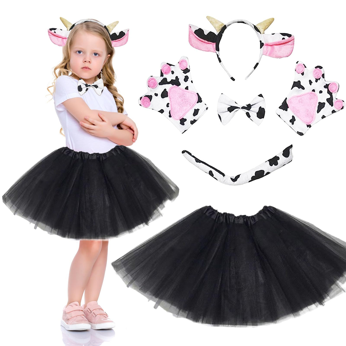 Age 3-8 Animal Costume Kids, Carnival Costumes For Girls, Halloween Costumes For Children, Tutu Skirt Fancy Dress Outfits Accessories Set Ear Headband For Role Play Cosplay Dress Up Party (Cow)