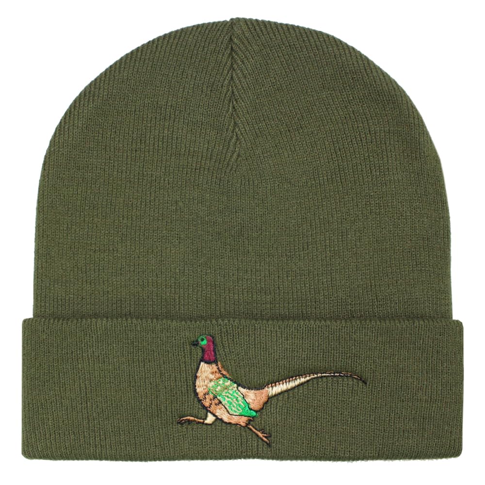 TeddyTs Pheasant Embroidered Luxury Soft Rib Beanie Hat (Khaki Green)