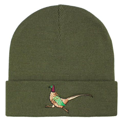 TeddyTs Pheasant Embroidered Luxury Soft Rib Beanie Hat (Khaki Green)