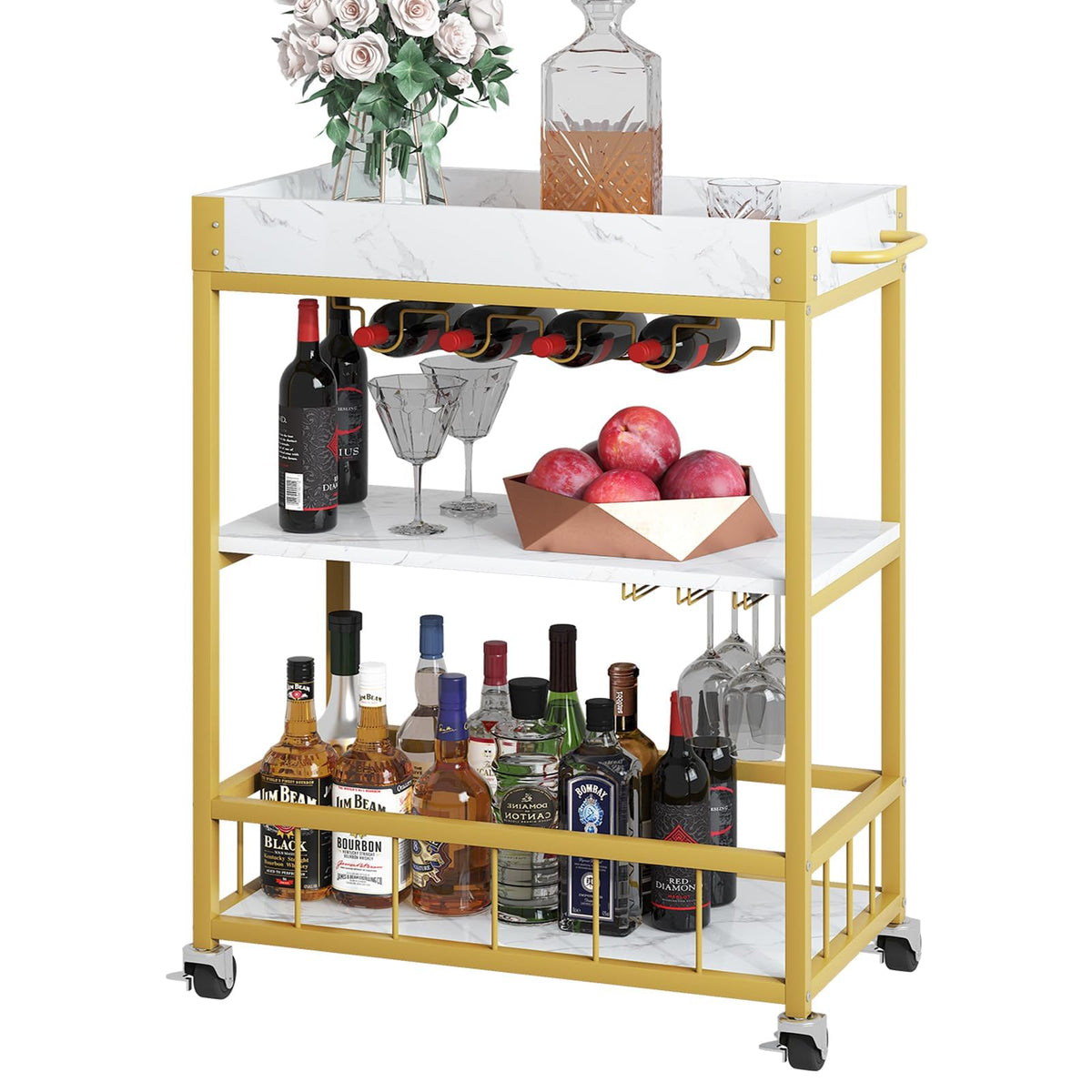 Huhote Serving Trolley, Kitchen Trolley, Bar Cart with Wheels, Wine Cart with Bottle Holder, 3 Tier Drinks Trolley for Living Room, Dining Room, Kitchen, Bar, Party, White Marble/Gold