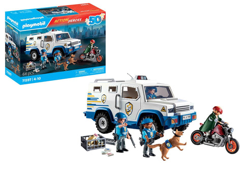 Playmobil 71597 Action Heroes: Police Money Transporter, thrilling heist chase, including three police officers, a crook on a motorcycle, and a police dog, play sets suitable for children ages 4+