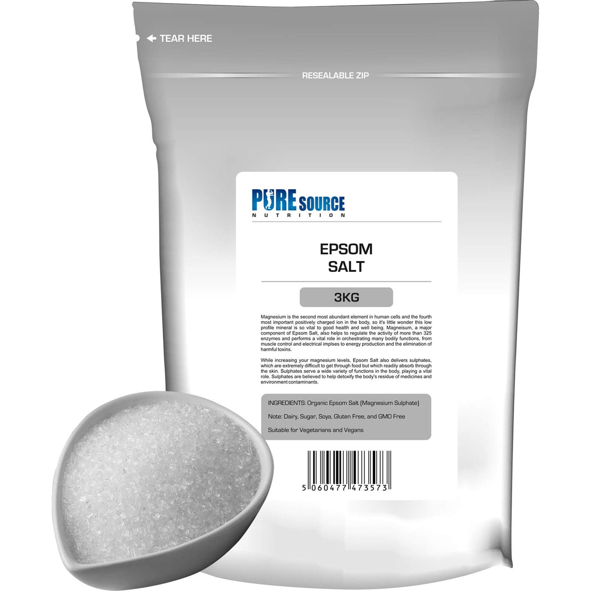 Pure Source Nutrition Epsom Salt Epsom Salts 3KG / 3000g for Bath Bathing Bath Bombs | 100% RAW Pure Natural | FCC Food Grade | Magnesium Sulphate