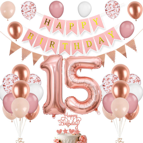 15th Birthday Decorations for Girls,15th Birthday Balloons with Number 15 Foil Balloon Rose Gold Pink and White Balloons with Happy Birthday Banner Birthday Cake Topper for 15th Party Decoration