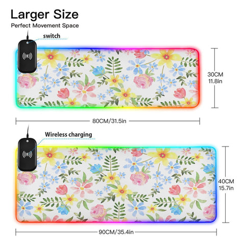 Floral Flower Watercolor Wireless Charging Mouse Pad for Mobile Phone Extra Large Gaming Mousepad with 13 Lighting Modes Keyboard Mat for Gaming MacBook PC Laptop Desk Home Office