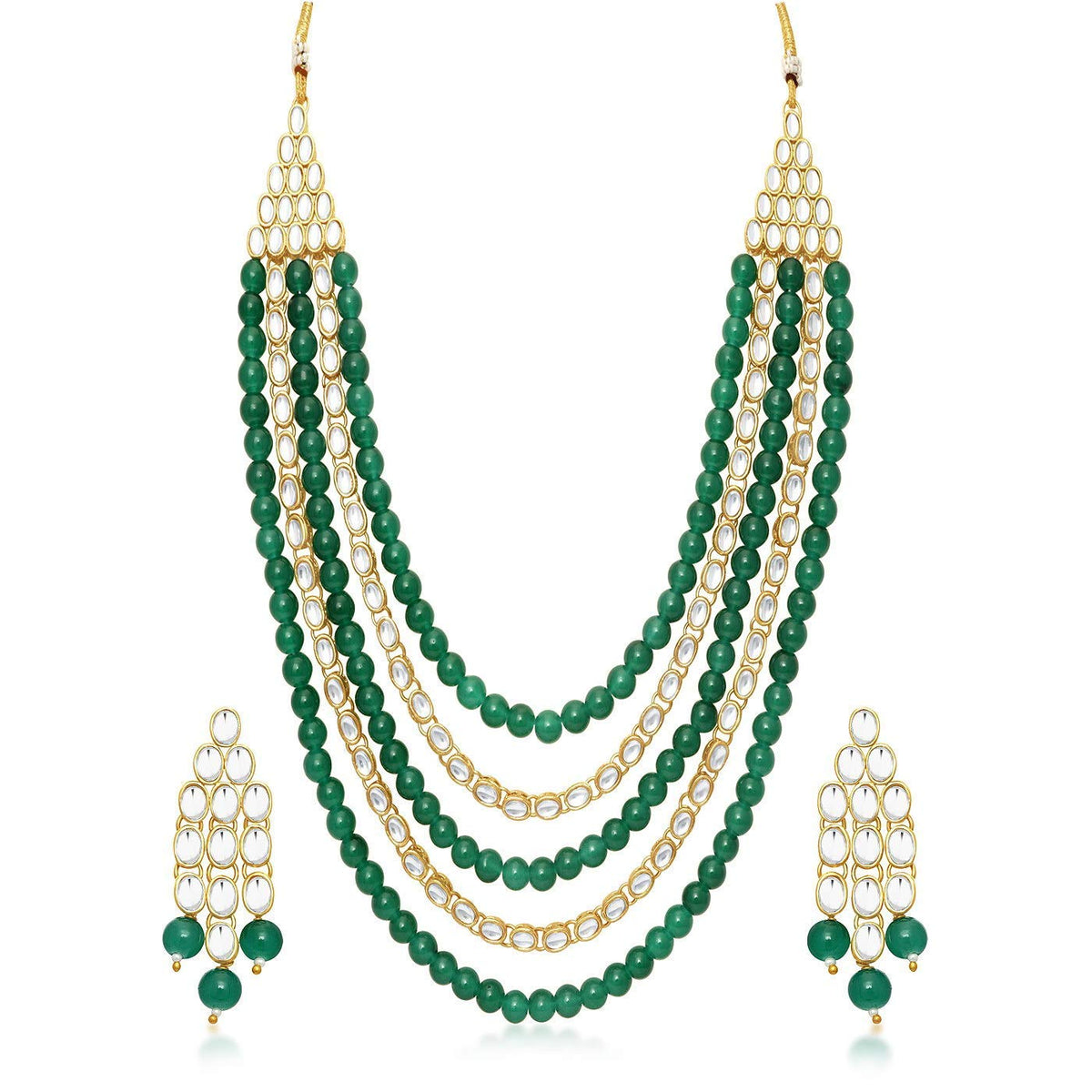 Aheli Kundan Pearl Long Multi Layered Necklace Earrings Set Indian Wedding Jewelry for Women (Green)