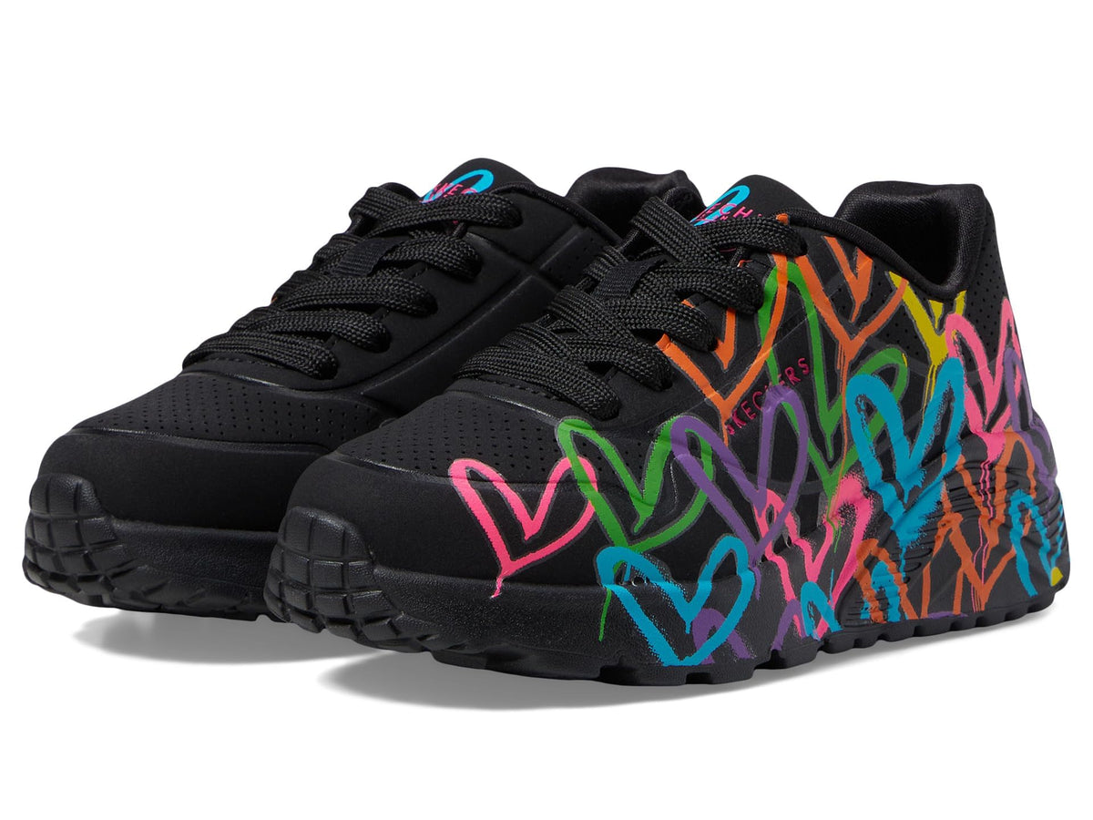 Skechers Girls Uno Lite-Spread The Love Sneaker, Black/Multi, 4 Big Kid