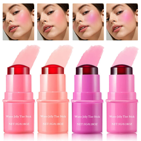 4 Pcs Cooling Water Jelly Tint Blush Stick,Multi-Use Cheek and Lip Stain-Chill,Water Jelly Blush Lip Gloss,Creates A Moist Watercolor Effect-1,000+ Swipes Per Stick Vivid Color