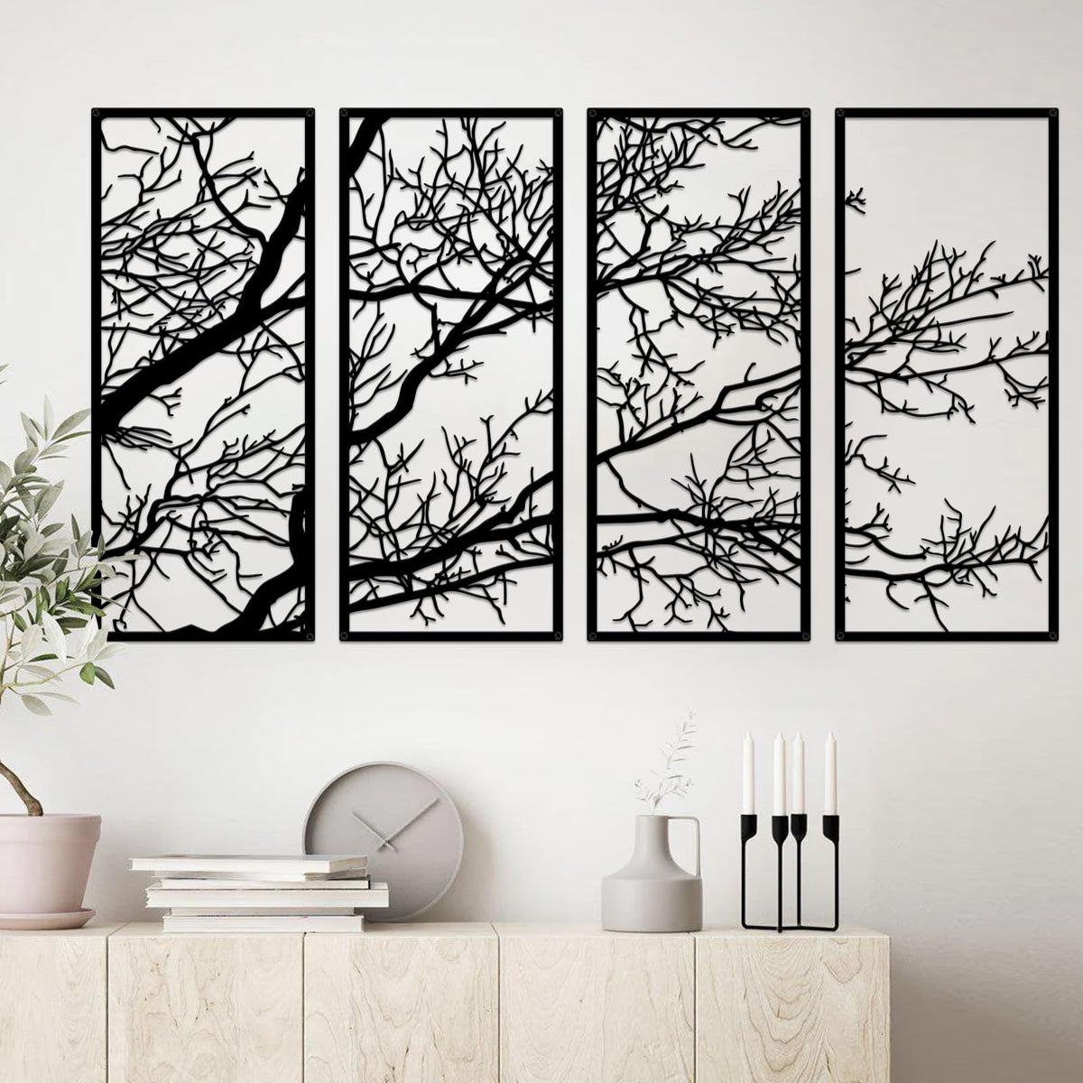 ESTART 4 Pieces Tree of Life Metal Wall Decor, Black Tree Branch Metal Wall Art, Tree Sign Wall Hangings for Home Garden Office Living Room Indoor Outdoor (Large)