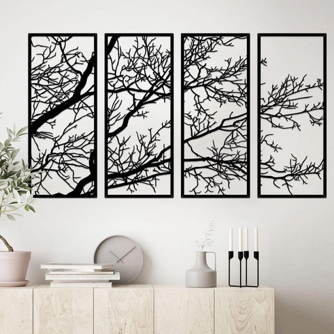 ESTART 4 Pieces Tree of Life Metal Wall Decor, Black Tree Branch Metal Wall Art, Tree Sign Wall Hangings for Home Garden Office Living Room Indoor Outdoor (Large)