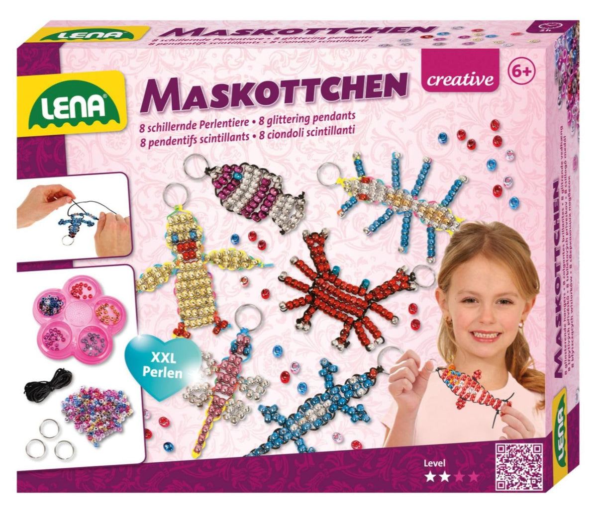 Lena 42690 Craft Mascots, Complete Lucky Charms 740 Metallic XXL Threading Beads, Black Cord, 8 Key Rings and Instructions, Set for Children from 6 Years