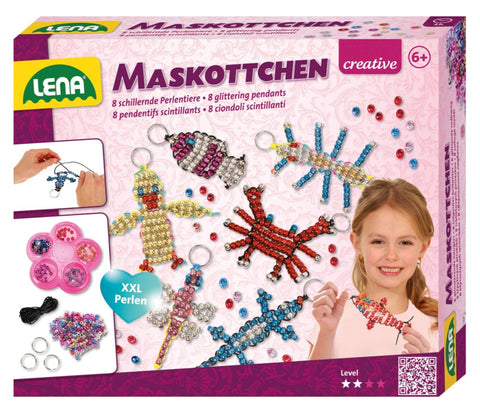 Lena 42690 Craft Mascots, Complete Lucky Charms 740 Metallic XXL Threading Beads, Black Cord, 8 Key Rings and Instructions, Set for Children from 6 Years