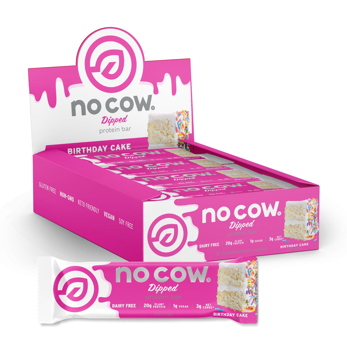 No Cow Dipped High Protein Bars, Birthday Cake, 20g Plant Based Protein, Keto Friendly, Low Carb, Low Sugar, Dairy Free, Gluten Free, Vegan, High Fiber, Non-GMO, 12 Count