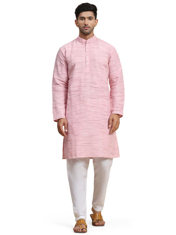 SKAVIJ Men's Cotton Embroidered Kurta Pyjama Set Mandarin Collar Woven Design Ethnic Dress (KP135pink_Pink_L)