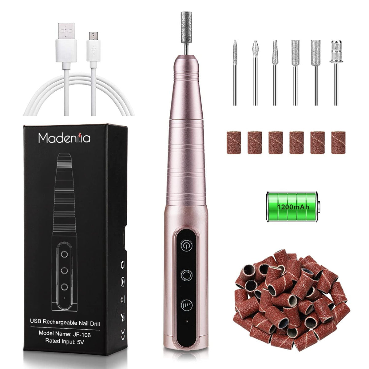 Madenia Electric Nail File Rechargeable Wireless 30000 RPM Efile Nail Drill for Acrylic Gel Nails USB Portable Electric Manicure Pedicure Kit, 6 Drill Bits, 56 Sand Bands, Pink